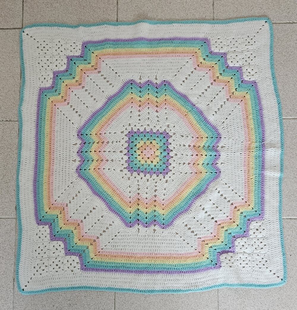 Pastel Rainbow Crochet Baby Blanket Handmade Granny Squares 1970s-1980s? 36"x36"